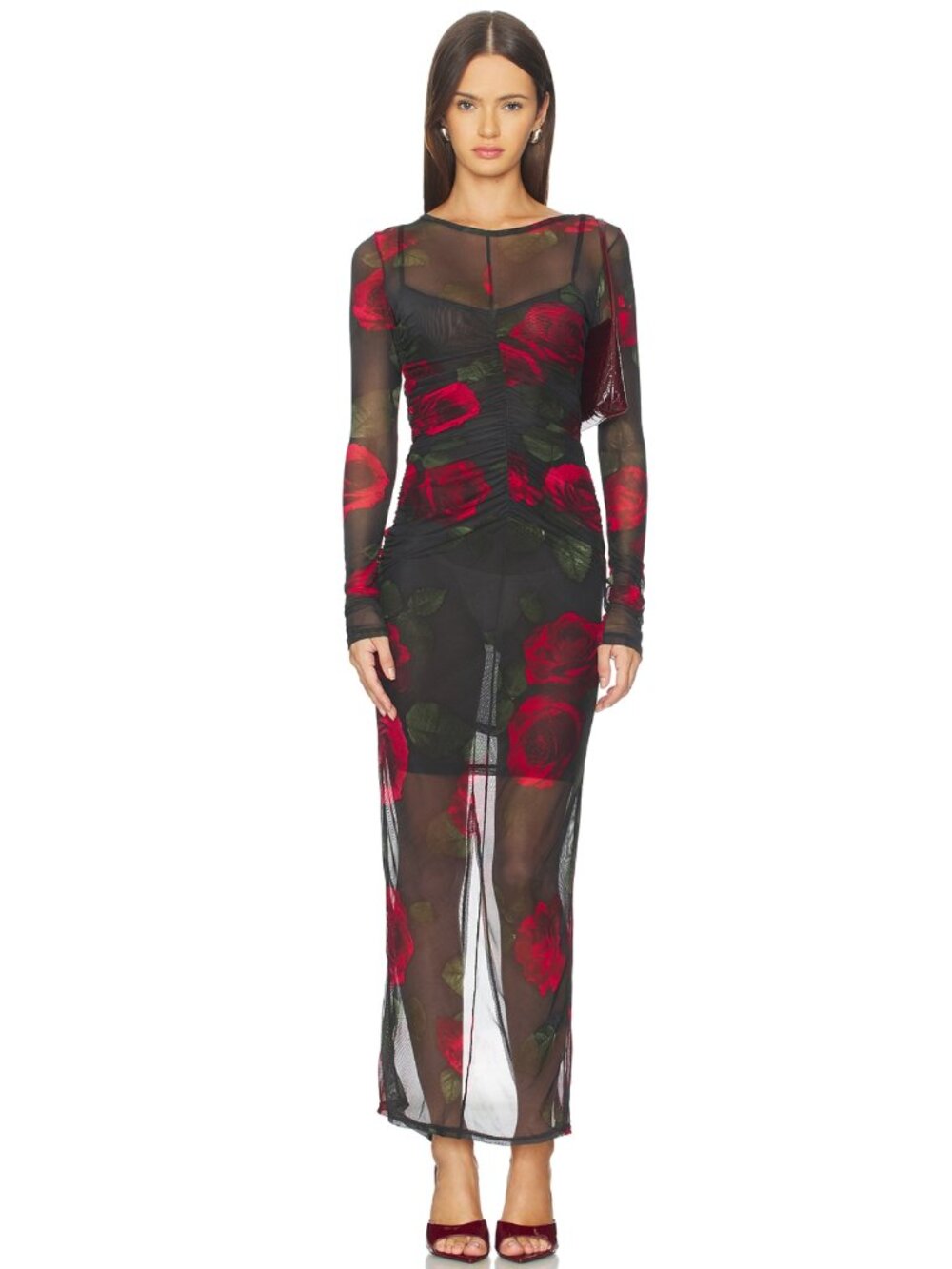 Good American Mesh Ruched Maxi Dress in Moody Red Roses001 Long Sleeve Mesh Rose